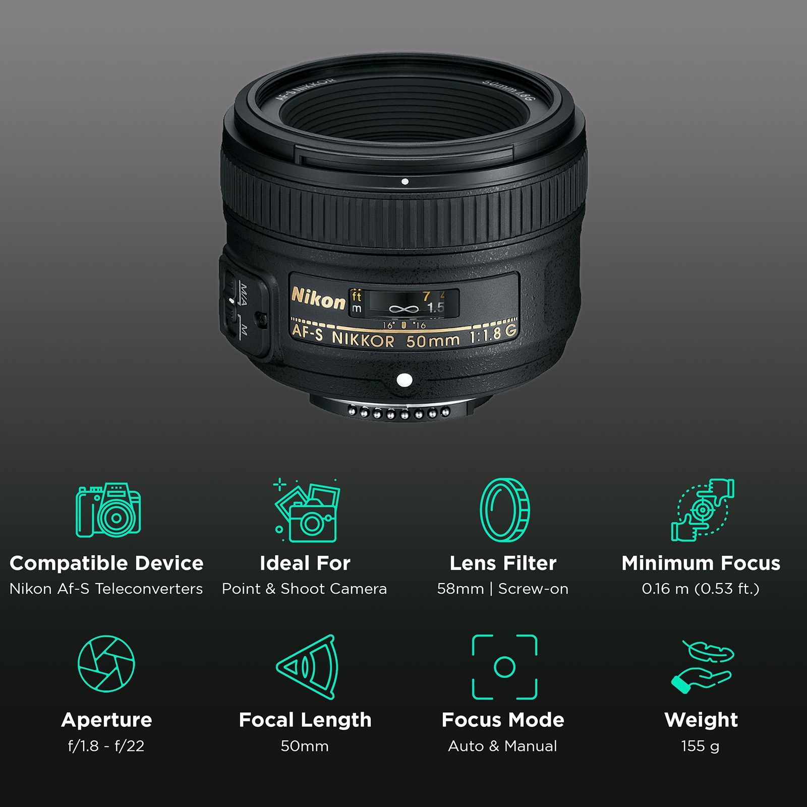 Buy Nikon AF-S NIKKOR 50mm f/1.8 - f/22 Standard Prime Lens for